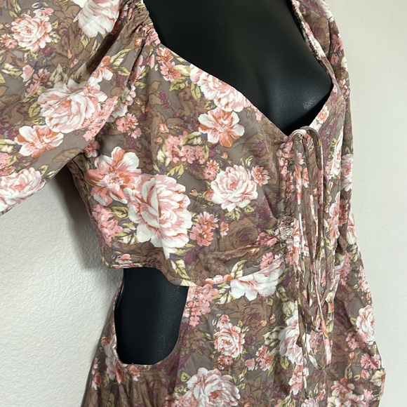 Forever 21 Brown Floral Cut Out Puff Long Sleeve Tie Neck Mini Dress - Picture 11 of 15